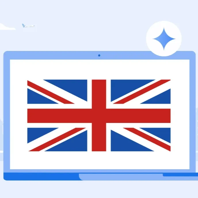 Illustration showing a laptop with the British flag and the London skyline in the background.