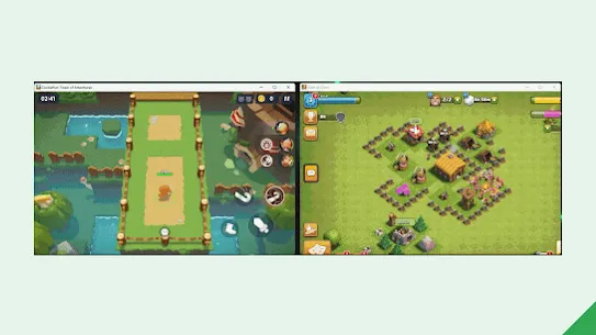 A GIF of Google Play Games on PC, with two open windows: CookieRun Tower of Adventures on the left and Clash of Clans on the right