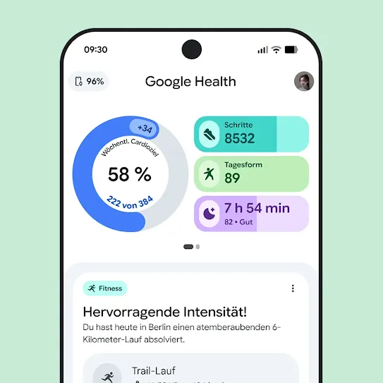 Bild eines Smartphone-Displays, auf dem die Zusammenfassung eines Trainings in der Google Health App angezeigt wird.
