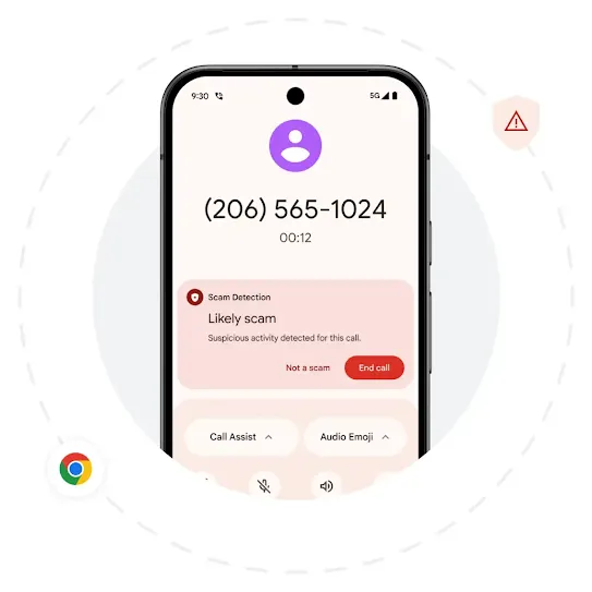 An Android screen shows an example of the Scam Detection alert. Behind the phone is a grey solid circle and a dashed circle right outside it. A Chrome icon and red warning icon are scattered around the dashed circle.