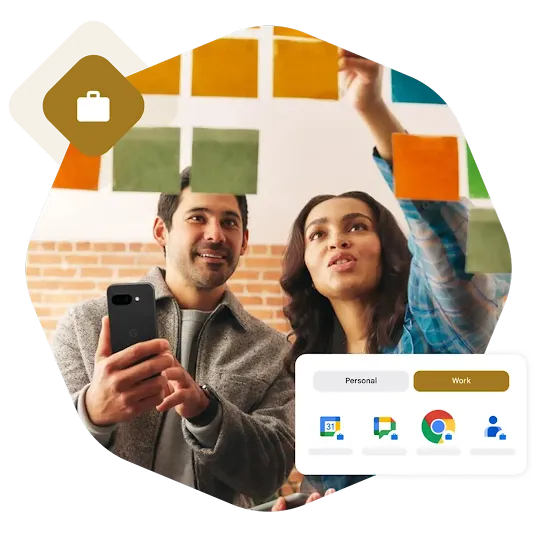 Two people are looking at Post-it notes. One person is holding a phone while the other is pointing to the notes. A notification bar with various Google apps and a bag icon are placed around the image.