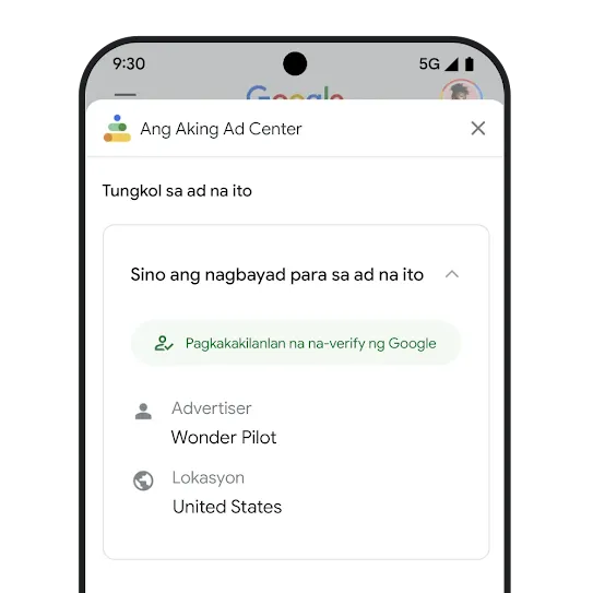 Mock-up ng page na “Sino ang nagbayad para sa ad na ito” sa Ang Aking Ad Center. 