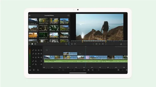 A tablet displaying a video editing screen with hiking footages on the Lumafusion app.