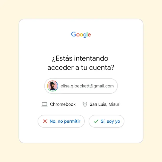 Interfaz de la verificación en 2 pasos con la pregunta “¿Estás intentando acceder a tu cuenta?” y los botones “No, no permitir” y “Sí, soy yo”.