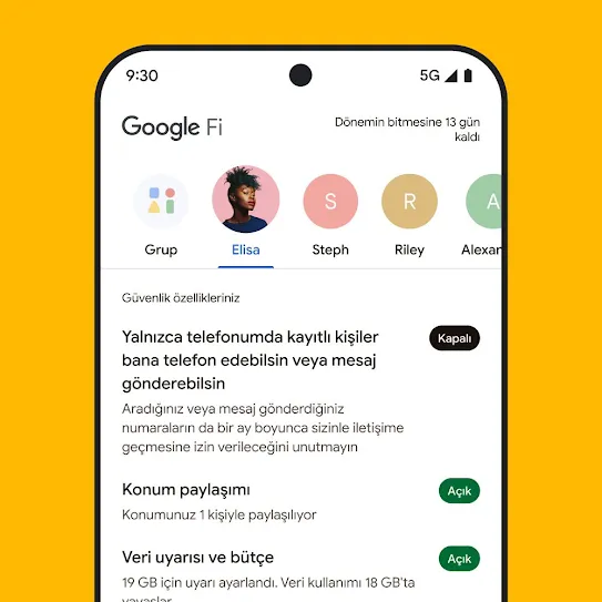 Google Fi Wireless'ın açık olduğu akıllı telefon ekranı görseli. Üst tarafta kişiler, alt tarafta ise konum paylaşımı ve veri uyarıları gibi güvenlik özellikleri gösteriliyor.