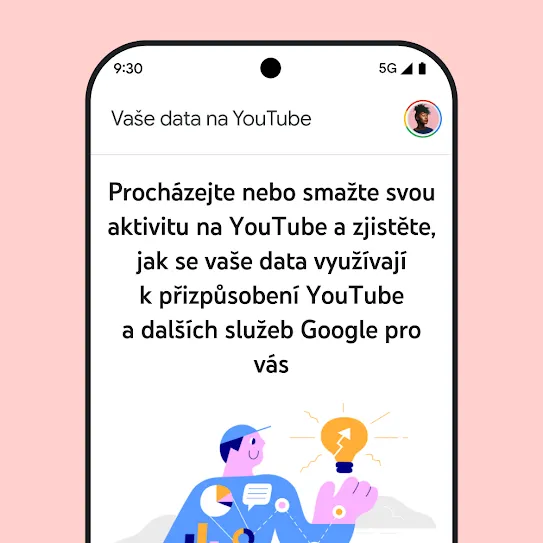 Vizualizace obrazovky chytrého telefonu s otevřenou aplikací YouTube, na které je informační zpráva o sekci Vaše data na YouTube s podrobnostmi o prohlížení a mazání historie aktivit.