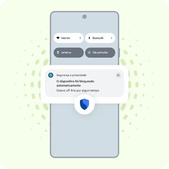 Um alerta de segurança e privacidade é exibido na tela do telefone Android, indicando que o aparelho está offline há muito tempo e pode ter detectado um roubo, motivo pelo qual o dispositivo foi bloqueado automaticamente.