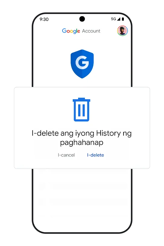 Graphic ng telepono na may UI ng i-delete ang Aktibidad sa paghahanap. 