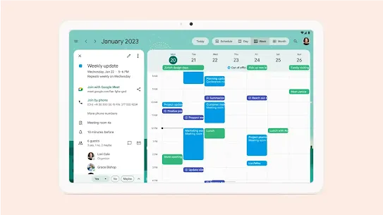 Google Calendar displayed on a tablet screen with meeting details on the one side of the screen and the week’s schedule on the other side.