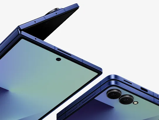 Blue Galaxy Z Fold7 and Galaxy Z Flip7 phones are propped up.