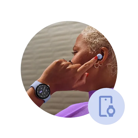A person wearing an Iris Pixel Watch 4 is tapping their Iris Pixel Buds that’s in their ear. A devices icon is right below the image. 