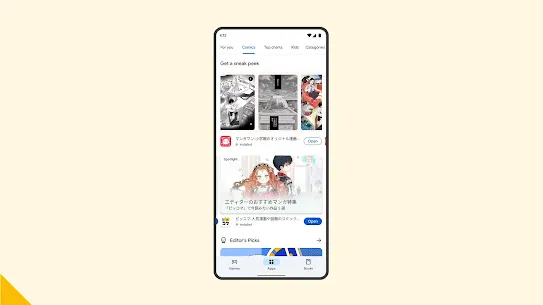 A Pixel device displays the curated comics space featuring recommendations and trending content