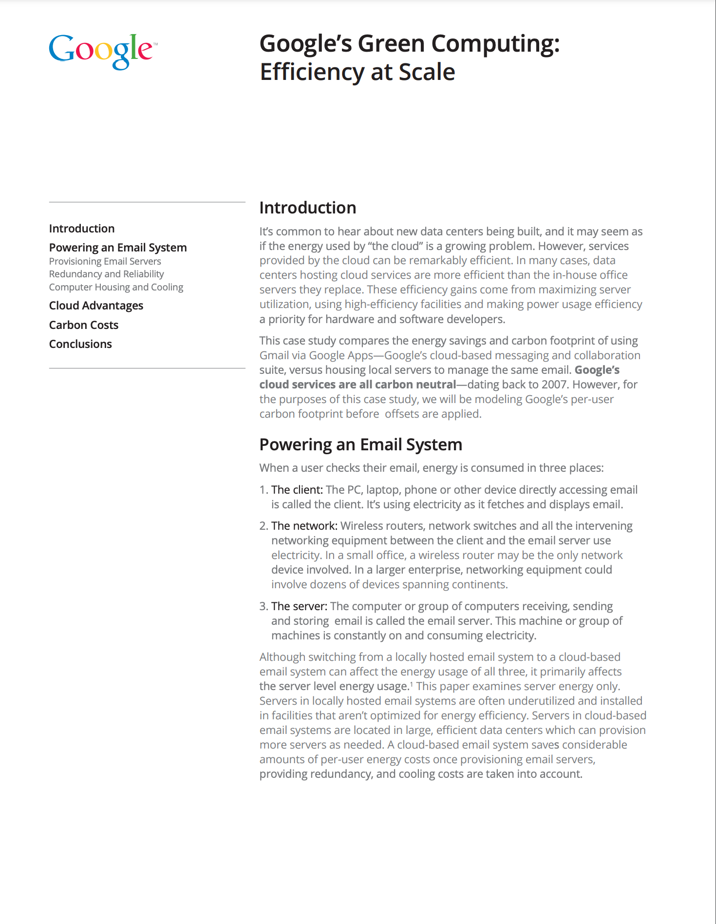 Cover image of a white paper titled: Google's Green Computing, Efficiency at Scale