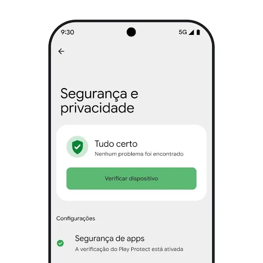 Imagem da tela de um smartphone com o SO Android e as configurações de segurança e privacidade abertas. Ela mostra os resultados de uma verificação do dispositivo e as configurações de segurança dos apps