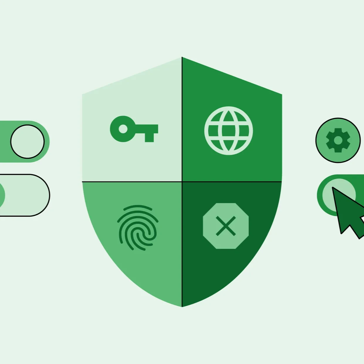 A green shield with a key, a fingerprint, and a globe