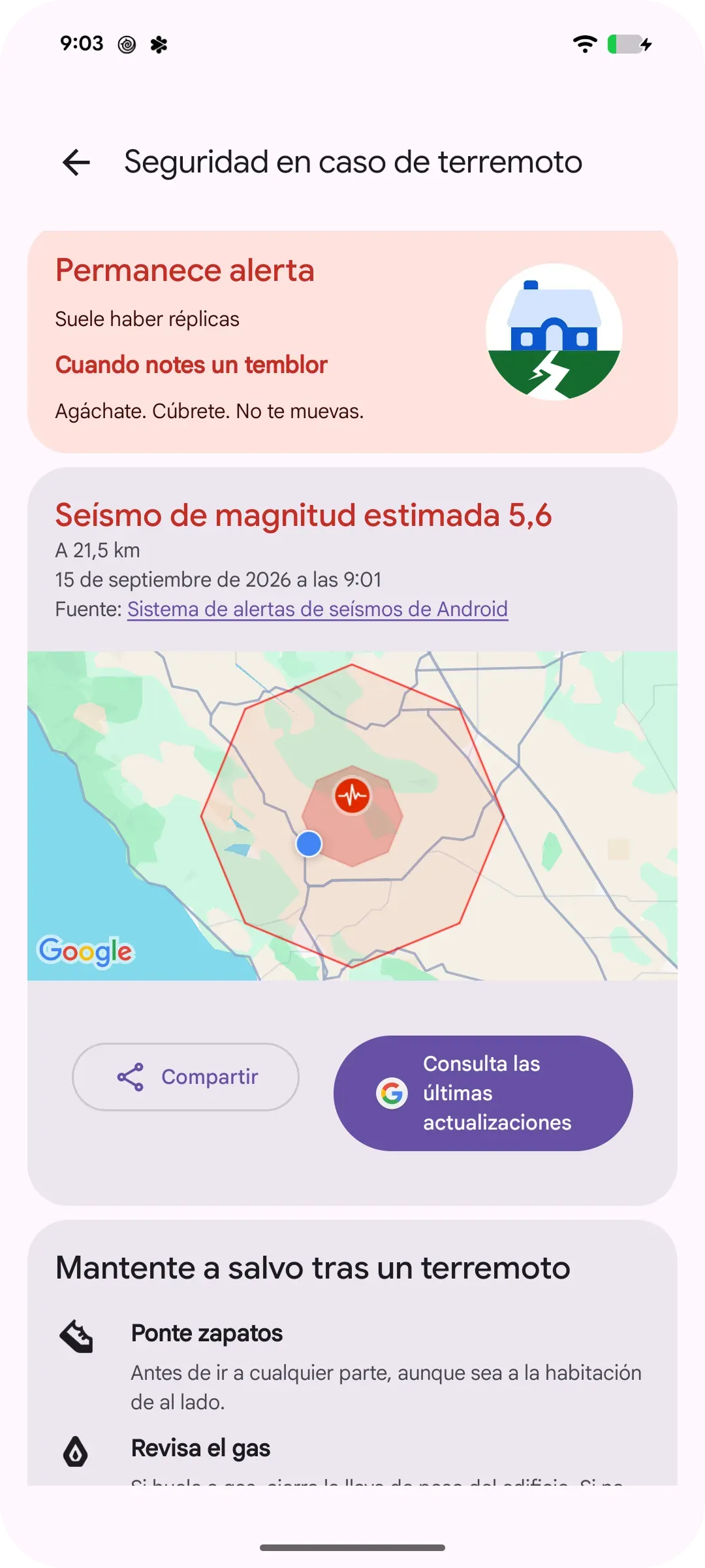 Imagen de la interfaz de un teléfono que muestra información de seguridad en caso de emergencia tras un terremoto. Por ejemplo, "Consigue zapatos", "Comprueba el gas" y "Evita edificios dañados". 