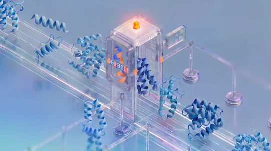 An isometric 3D render of blue protein structures passing through a futuristic glass checkpoint scanner