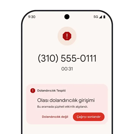 Pixel akıllı telefon ana ekranının görseli. Ekranda, otomatik olarak reddedilen spam arama bildirimi gösteriliyor.