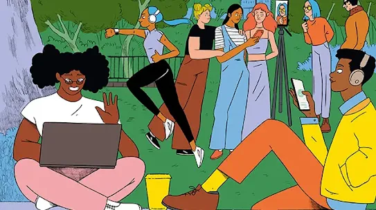 A colorful, flat-style illustration of a diverse group of people in a vibrant park using various digital technologies. In the foreground, a person works on a laptop while another listens to headphones. In the background, people are jogging with smartwatches, taking photos on smartphones, and livestreaming with a tripod, symbolizing the integration of technology in a connected European society.