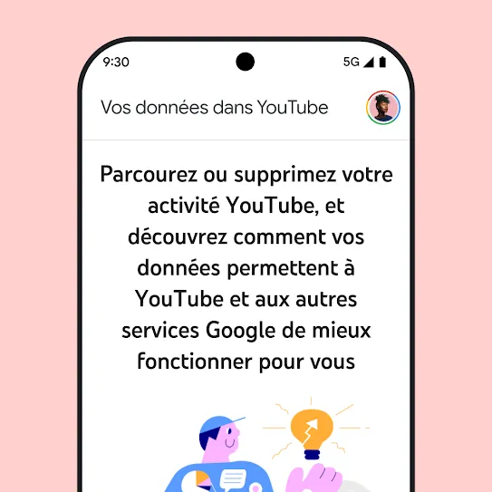 Image de l'écran d'un téléphone intelligent avec YouTube ouvert, affichant un message d'information sur « Vos données dans YouTube », y compris des détails sur la navigation et la suppression de l'historique des activités.