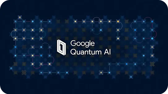 The white Google Quantum AI logo and wordmark centered over a dark blue background. The background features a glowing, intricate circuit pattern of interconnected nodes and lines, resembling a quantum processor chip.