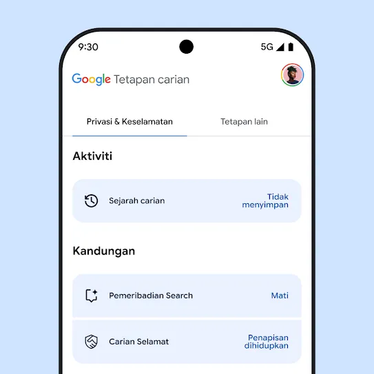 Visual tetapan Google Search pada skrin telefon pintar, termasuk tetapan sejarah Search, pemeribadian Search dan Carian Selamat.
