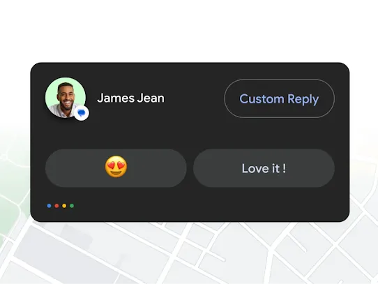 A Smart Reply screen for a contact named James Jean shows an option for heart eyes emoji or “Love it!”