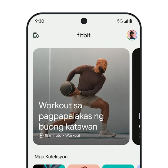 Visual ng screen ng smartphone na nakabukas ang fitbit app, na nagpapakita ng larawan para sa full-body strength na workout.