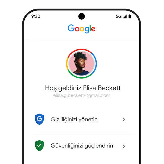 Google Hesabı mobil menüsünde gizlilik ve güvenlik önerileri gösteriliyor