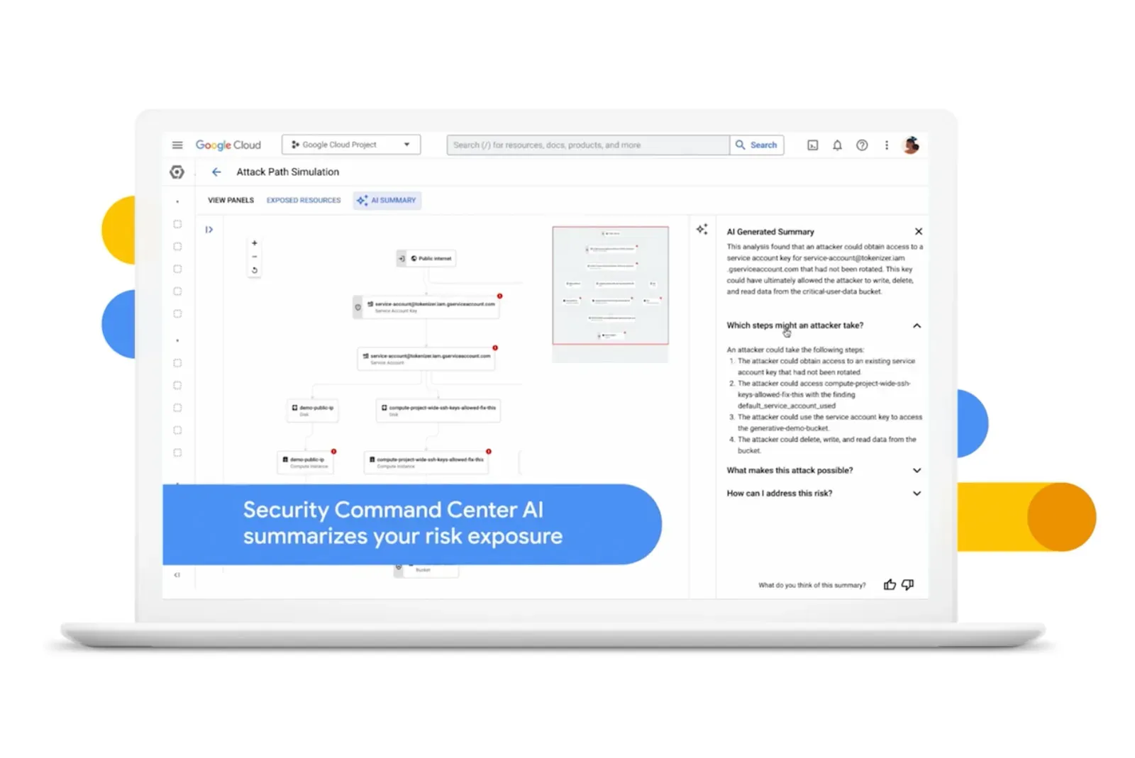 A white laptop displaying the Google Cloud Security Command Center interface. The screen shows an "Attack Path Simulation" featuring a visual flow chart of potential security vulnerabilities. A sidebar titled "AI Generated Summary" provides a text-based analysis of how an attacker might exploit service account keys. A blue callout box in the foreground reads "Security Command Center AI summarizes your risk exposure."