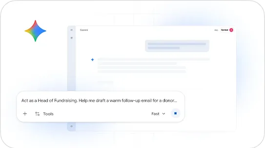 Google Gemini interface displaying a prompt example that reads: "Act as a Head of Fundraising. Help me draft a warm follow-up email for a donor...", with the colorful Gemini spark logo on the side.
