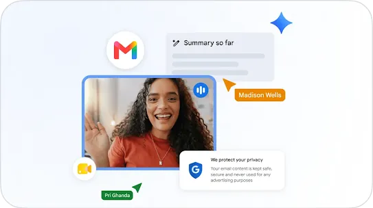 Graphic showing a woman waving on a video call alongside Gmail and Google Meet logos, a "Summary so far" AI card, collaborator name tags, and a Google privacy assurance badge.