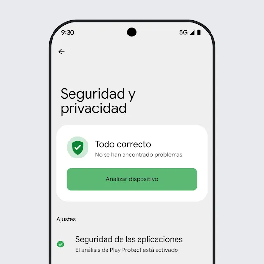 Imagen de la pantalla de un smartphone con el SO Android y los ajustes de Seguridad y privacidad abiertos, donde se muestran los resultados de un análisis del dispositivo y los ajustes de seguridad de las aplicaciones.