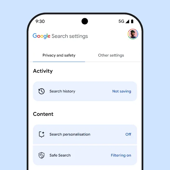 Visual of Google Search settings on smartphone screen, showing a list of Activity settings with 'Search history' saving deactivated, and below a list of Content settings with 'Search personalisation' deactivated and 'Safe Search' filtering enabled.