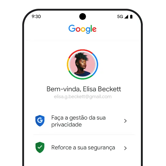 O menu da Conta Google num dispositivo móvel mostra recomendações de privacidade e segurança