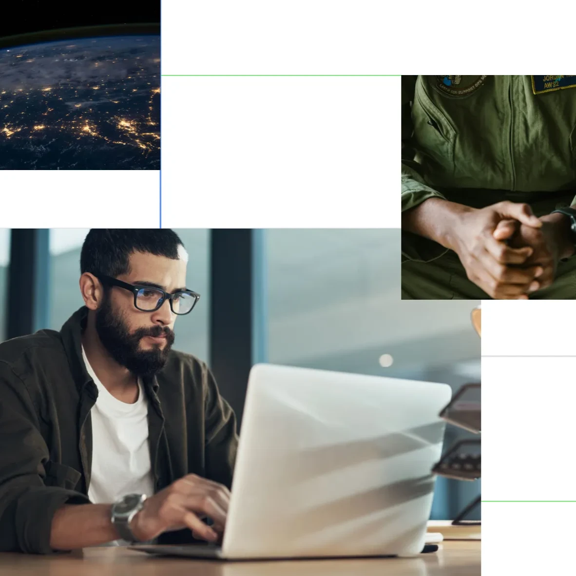 A collage of images including a person at their computer, folded hands and a picture of the curve of the earth