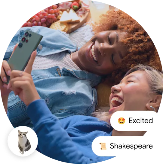 An image of two people laying next to each other, looking at an Android. A cat icon is in the bottom left, and two chat bubbles are on the right.