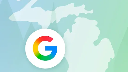 A graphic featuring a white silhouette map of the state of Michigan against a soft blue and green gradient background with geometric mountain shapes. A circular Google "G" logo is positioned over the lower peninsula, symbolizing clean energy scaling and reliability initiatives in the region.