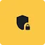 A minimalist black icon featuring a large security shield with a small padlock nested in the bottom right corner. The icon is centered on a yellow square background with rounded corners, representing the robust safety and security protocols of the Frontier Safety Framework 2.0 for advanced AI models.