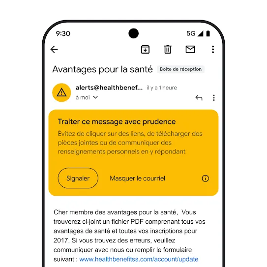 Une image d'un courriel dans Gmail sur l'écran d'un téléphone intelligent, montrant une alerte de sécurité pour une tentative d'hameçonnage potentielle.