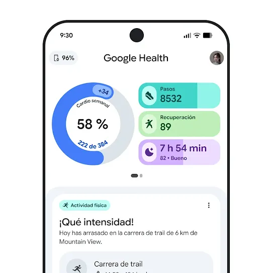 Imagen de la pantalla de un smartphone con la app Google Health abierta, en la que se muestra un resumen de un entrenamiento.