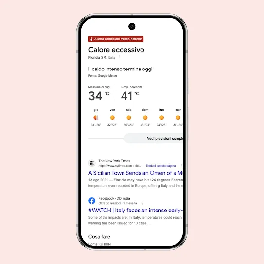 La schermata di uno smartphone che mostra un'allerta pubblica di Google Meteo per caldo eccessivo ad Añatuya, nella provincia di Santiago del Estero, in Argentina. La dashboard mostra una previsione di caldo intenso con temperature fino a 37 gradi Celsius e un indice di temperatura percepita di 44 gradi, accompagnata da raccomandazioni di sicurezza del GHHIN, su come rimanere idratati e al fresco.