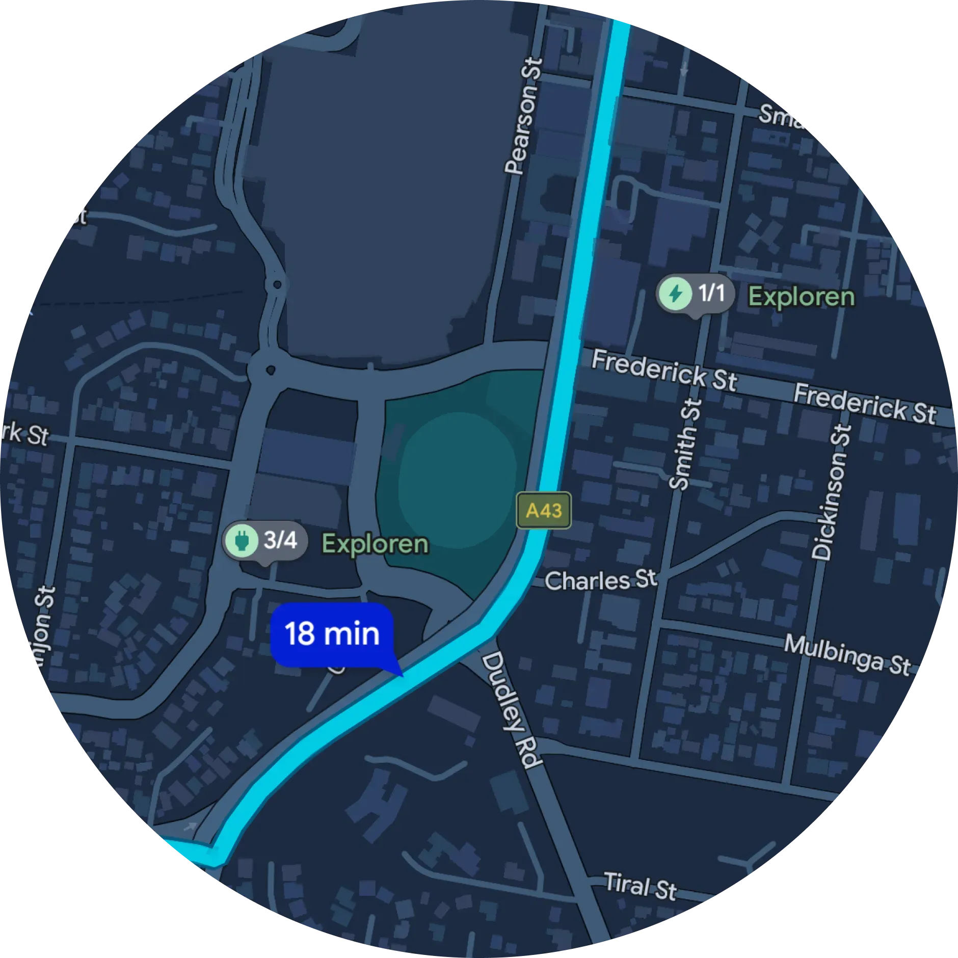 Google Maps shown behind a car at a charging station. The map shows charging stations on the current route.