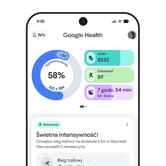 Ilustracja przedstawiająca ekran smartfona z&nbsp;otwartą aplikacją Google Health, w&nbsp;której widać podsumowanie treningu.