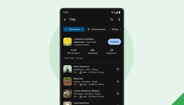 A phone screen shows search results on Google Play with an option to filter for games offering Achievements