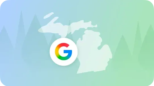 Illustration of the Google logo over the outline of Michigan