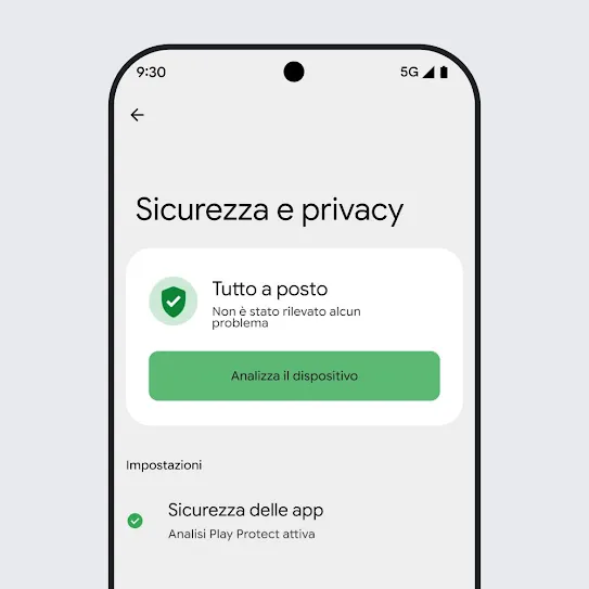 Immagine dello schermo di uno smartphone con sistema operativo Android con le impostazioni di sicurezza e privacy aperte, che mostra i risultati di una scansione del dispositivo e le impostazioni di sicurezza delle app.