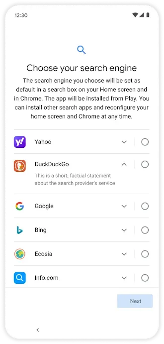 Phone settings screen with a list of search engines to select as your default search.