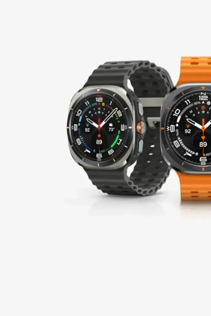 Three Galaxy Watch Ultra devices are shown in black, orange, and white.