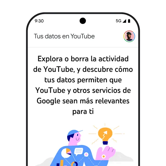 Imagen de la pantalla de un smartphone con YouTube abierto. En ella, se muestra un mensaje informativo sobre “Tus datos en YouTube”, que incluye detalles sobre la exploración y la eliminación del historial de actividad.